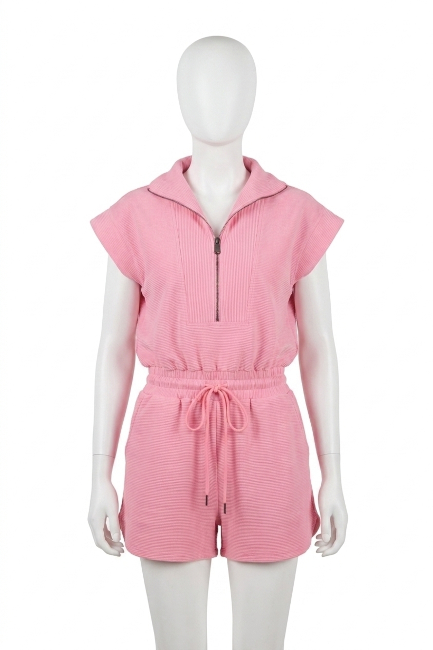 NEW ENTRO women's solid ribbed half zip short sleeve romper in light pink